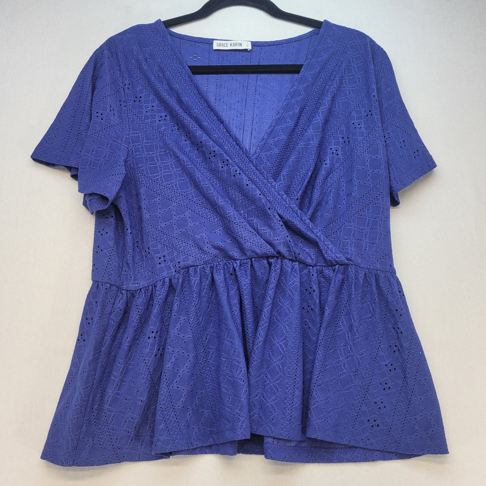 Grace Karin Peplum Top Womens XL Blue Eyelet Lace Wrap V-Neck Short Sleeve